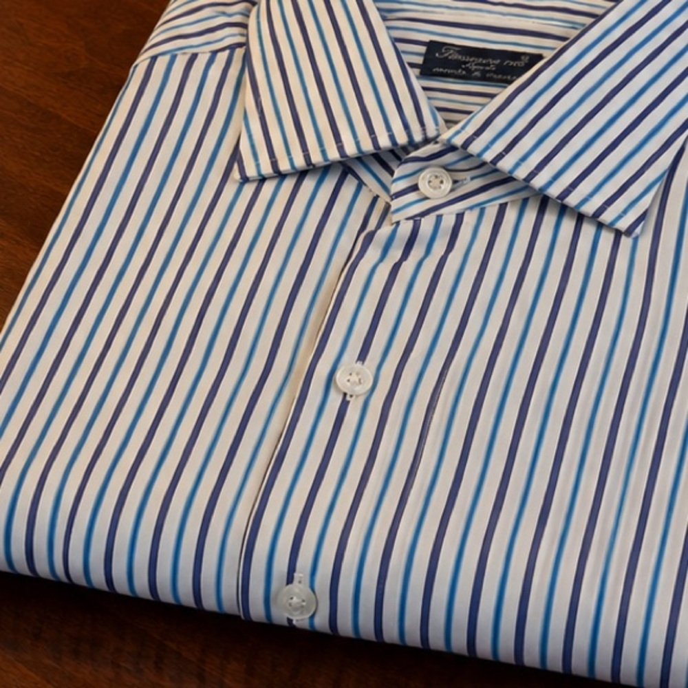 Finamore Aqua and Navy Striped Dress Shirt